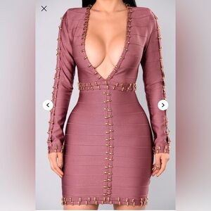 Fashion Nova Mauve Long Sleeve Dress with Gold Accents